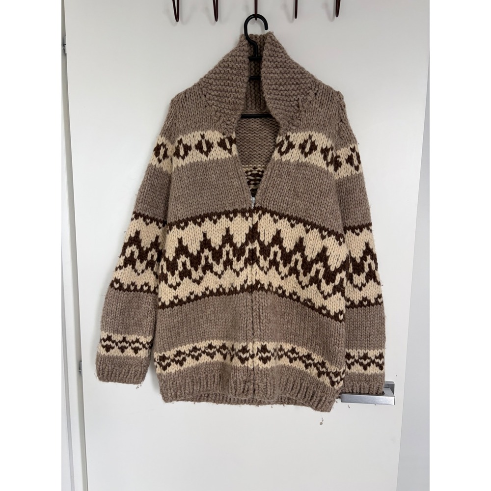 Vintage Cowichan Hand Knit Wool Sweater‎ Brown Fair Isle Full Zip Cardigan Mens